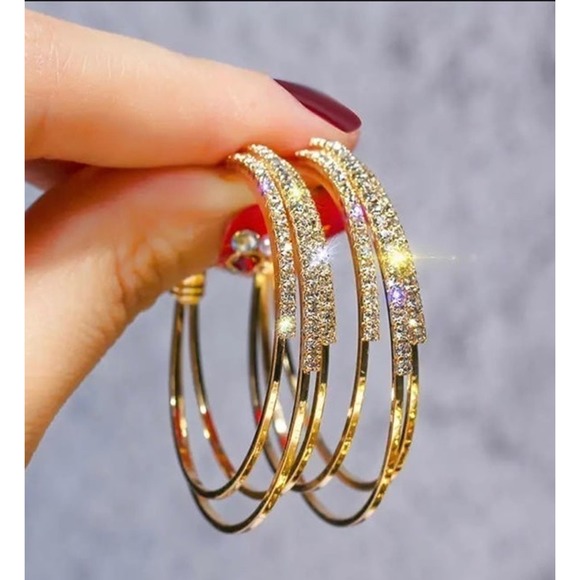 New Earrings 2" Triple Hoop Clear C Z Gold 925 Post AU16 - Picture 1 of 1